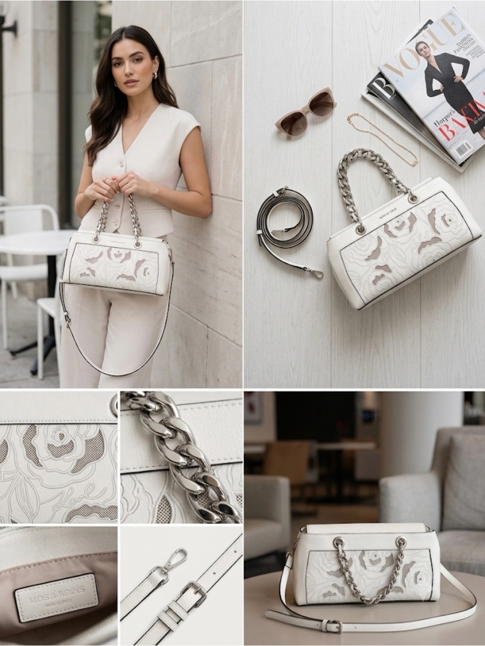 Karl Lagerfeld Paris Winter White Floral Embossed Chain Satchel Crossbody BagNWT